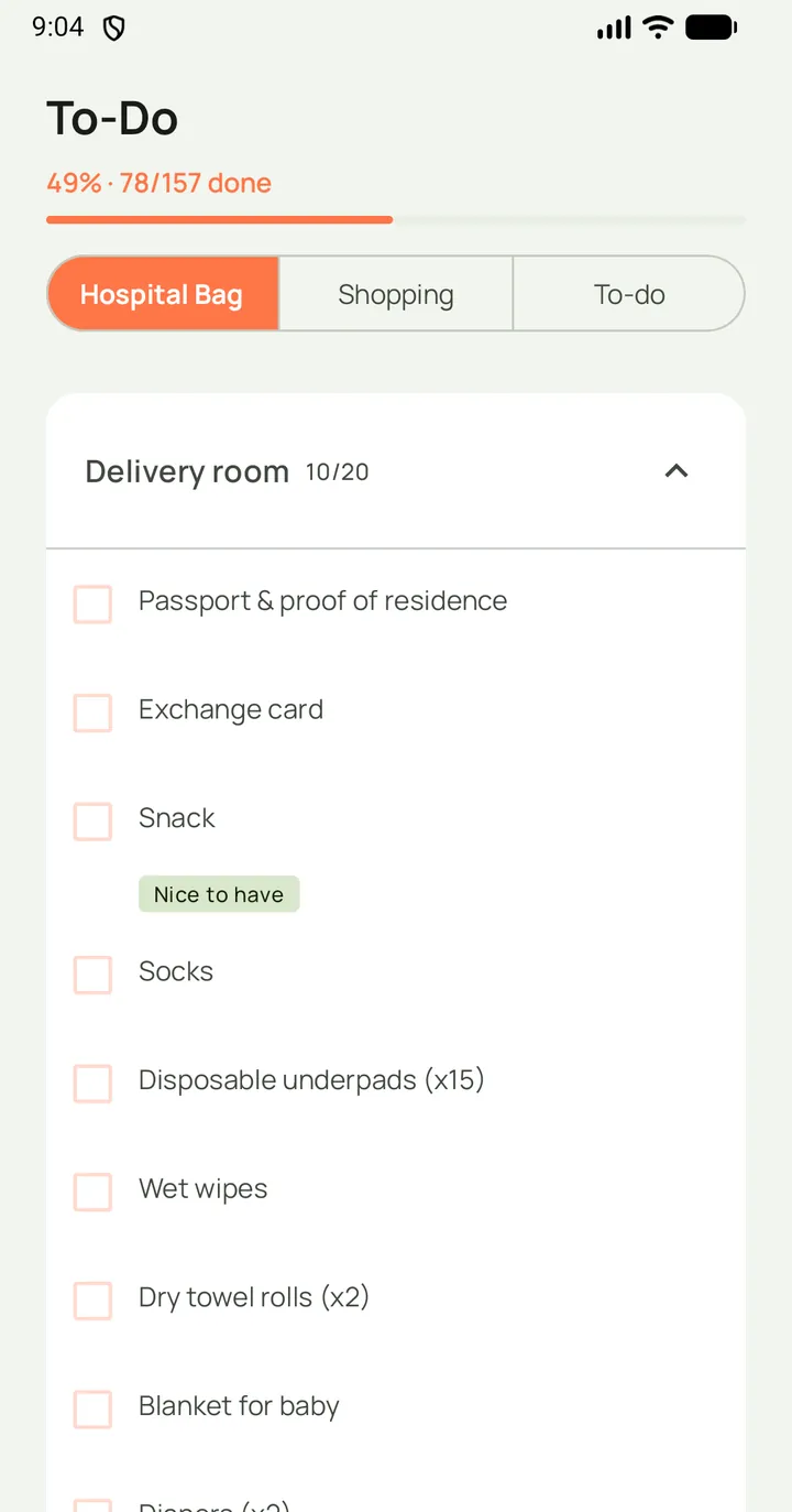 Tino prep checklist with hospital bag items and progress