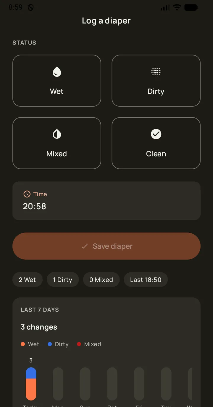 Tino diaper logging screen with today's stats and weekly chart