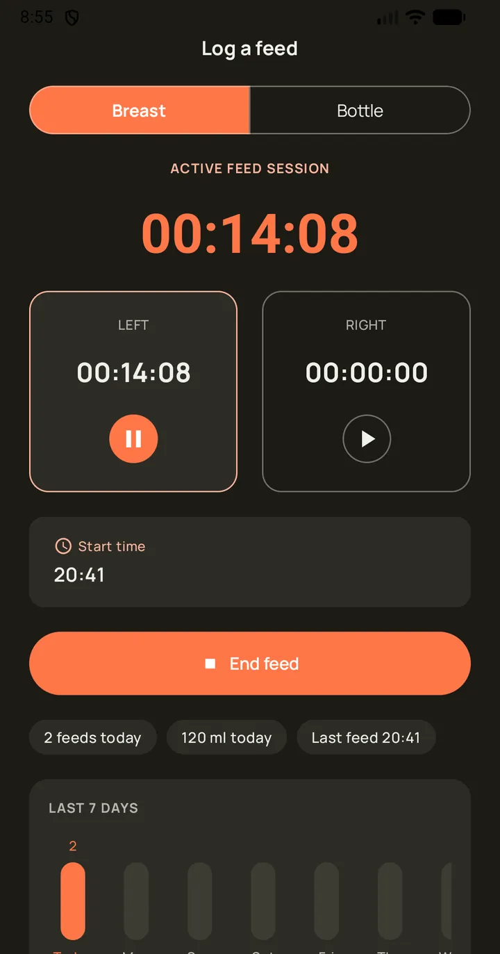 Tino feed logging screen with left/right breast timer