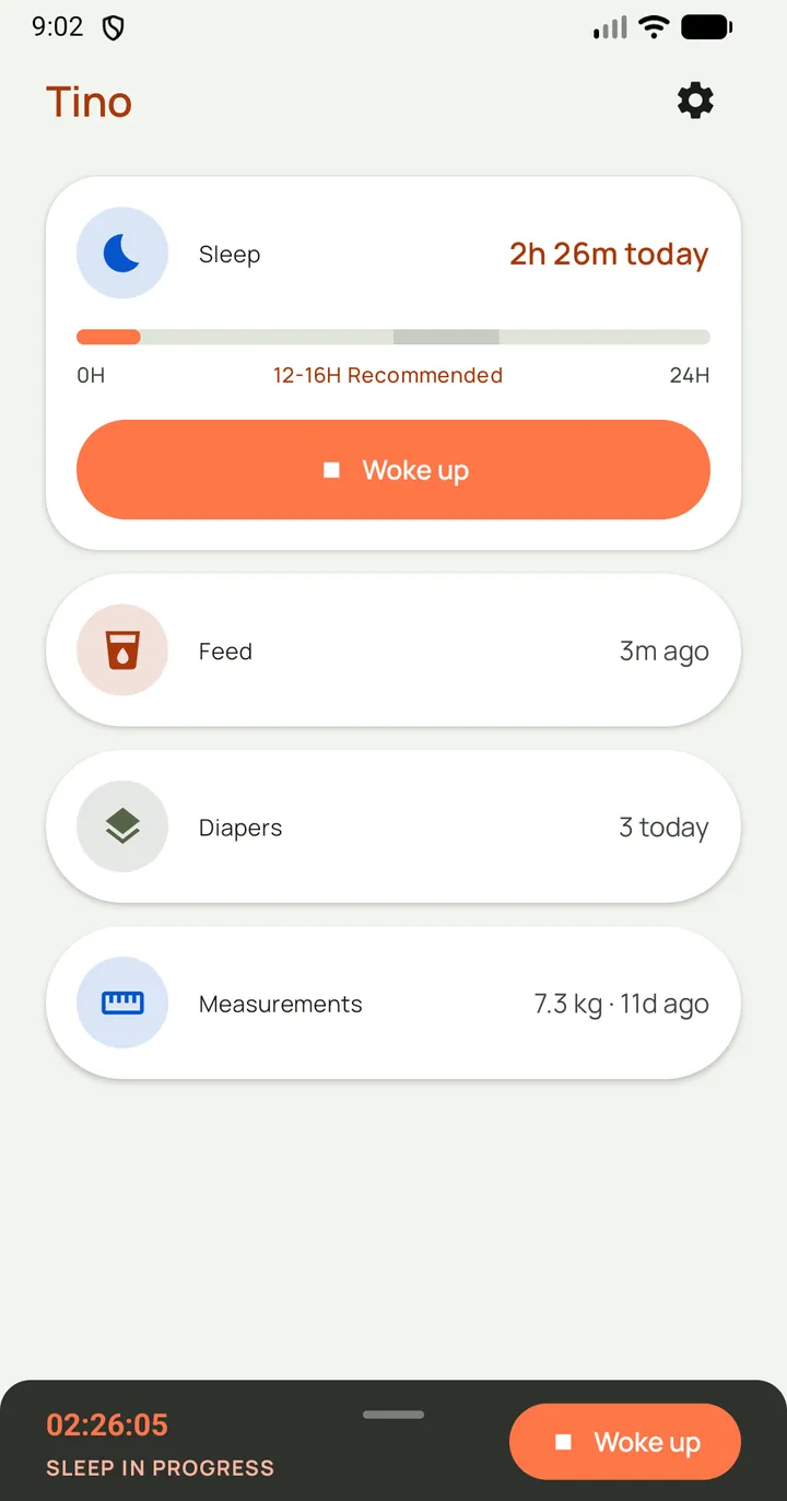 Tino home screen with an active sleep session, feed, diaper, and measurement cards