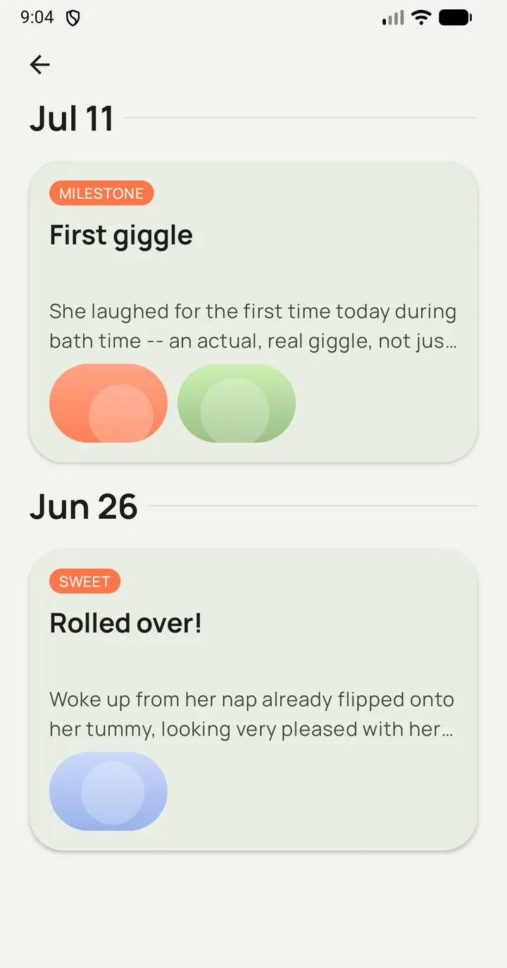Tino Memories timeline with photo journal entries