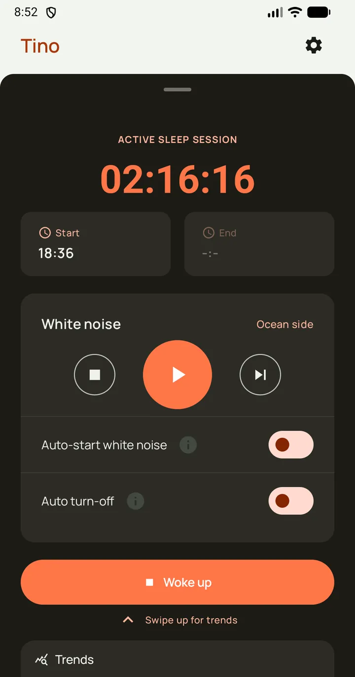 Tino active sleep session with white noise controls